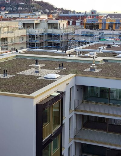 Blick auf moderne Wohngebäude und Dächer